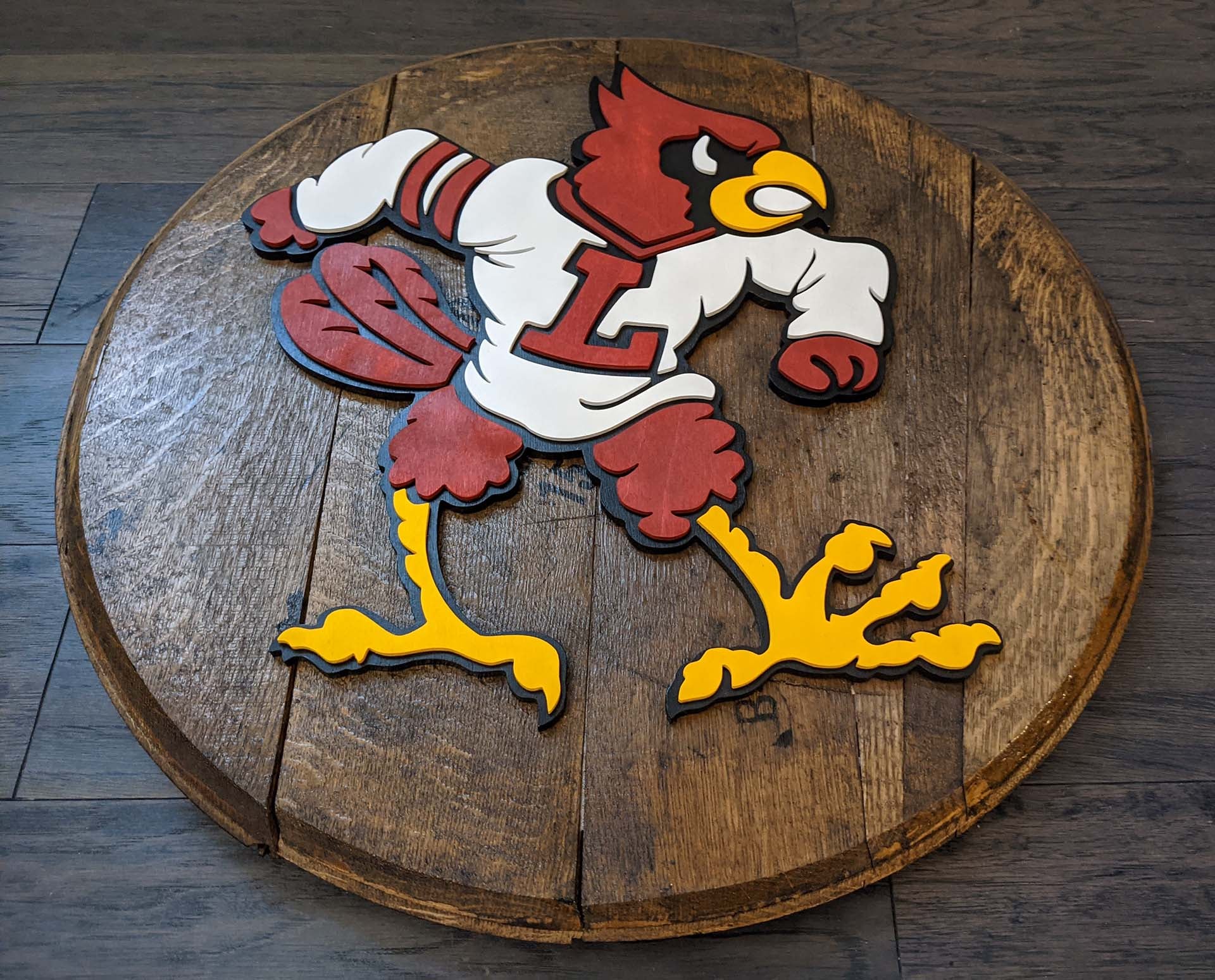 Louisville Cardinals Fighting Bird Logo Bourbon Barrel Head